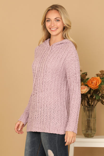 PLUS SIZE RIBBED POPCORN KNIT TUNIC HOODIE SWEATER 3-3