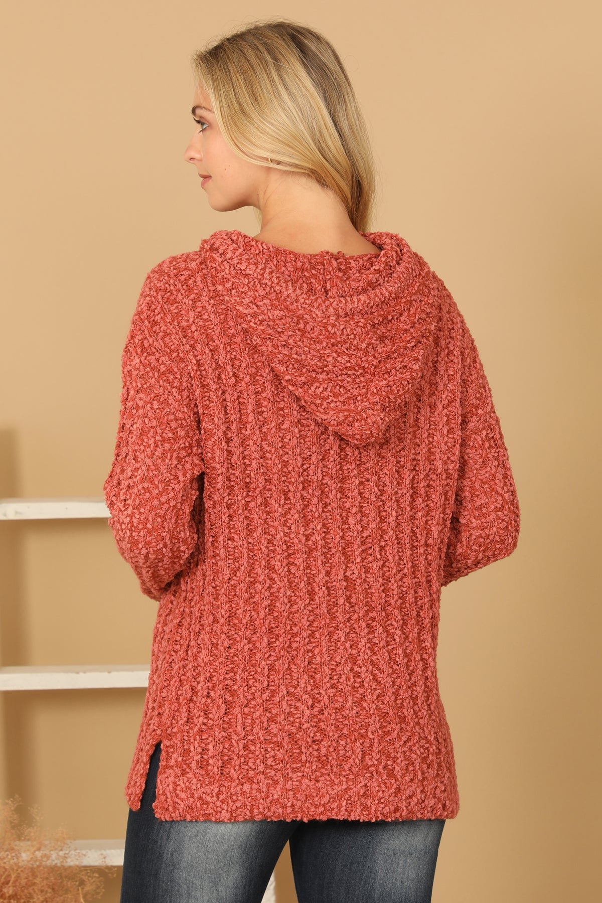 PLUS SIZE RIBBED POPCORN KNIT TUNIC HOODIE SWEATER 3-3