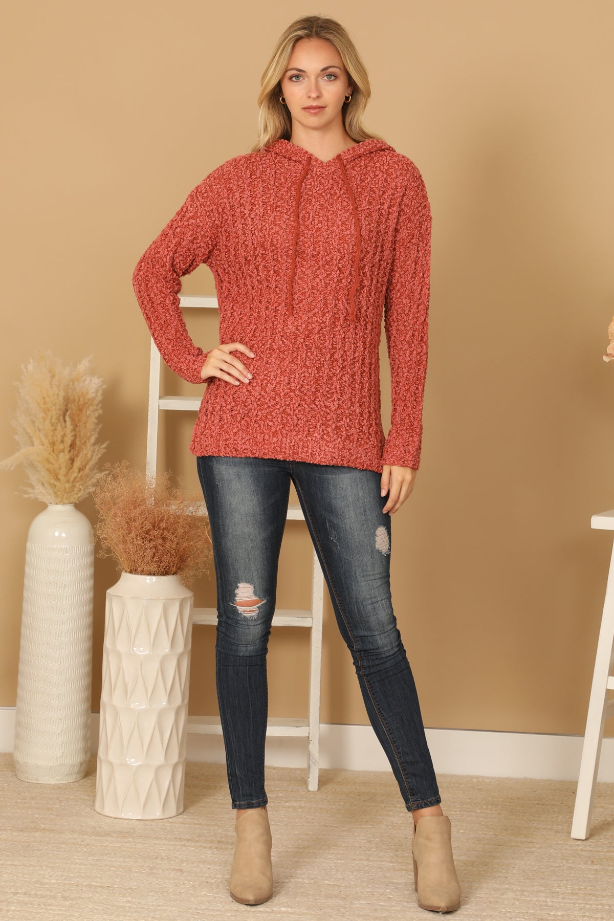 PLUS SIZE RIBBED POPCORN KNIT TUNIC HOODIE SWEATER 3-3