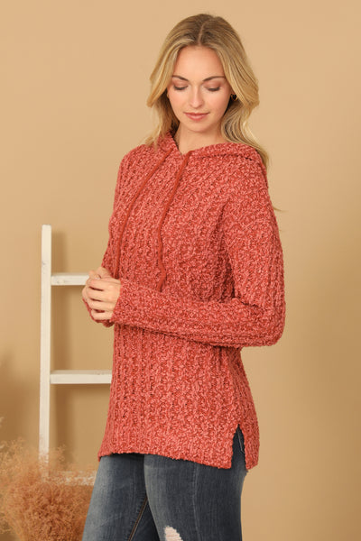 PLUS SIZE RIBBED POPCORN KNIT TUNIC HOODIE SWEATER 3-3