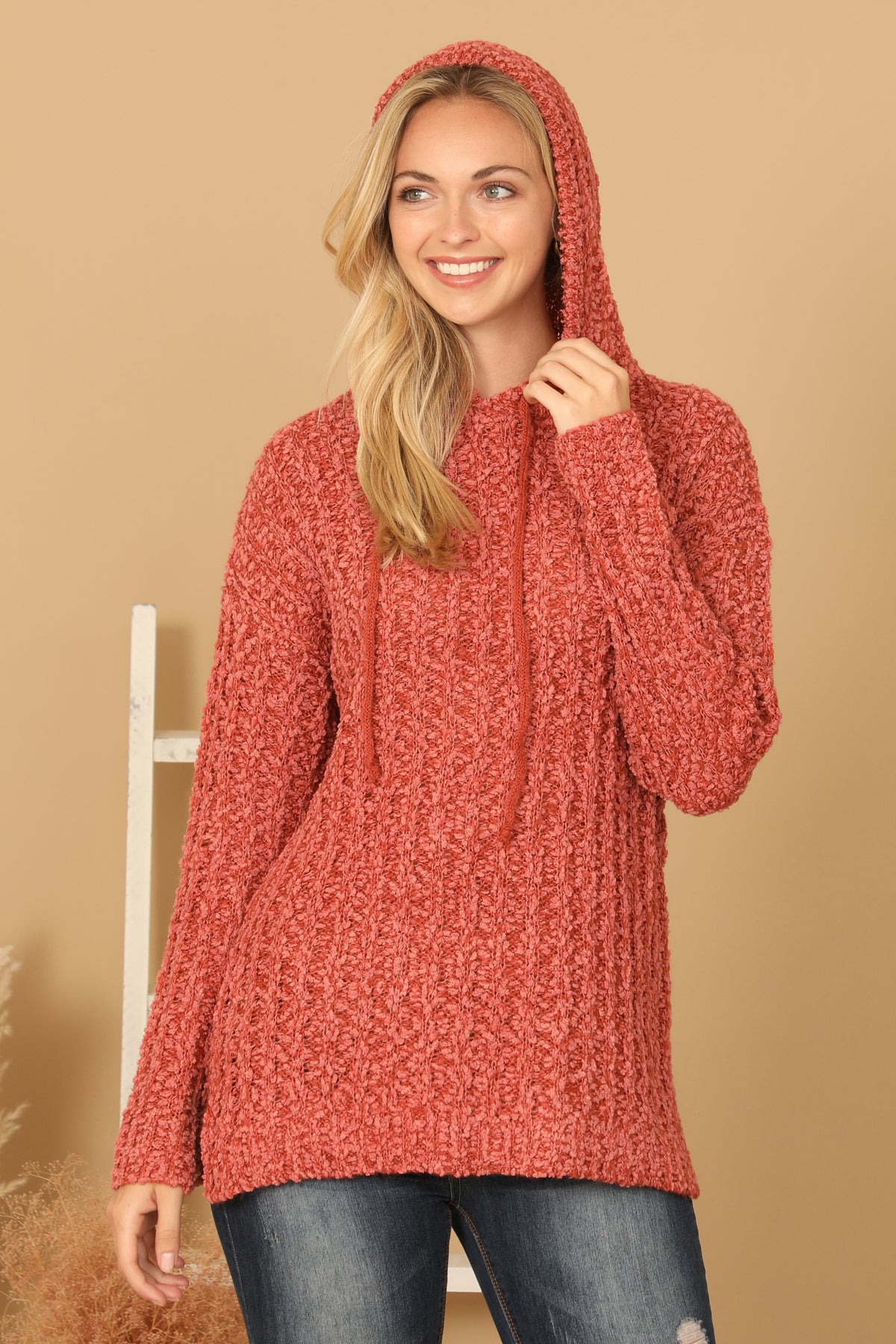 PLUS SIZE RIBBED POPCORN KNIT TUNIC HOODIE SWEATER 3-3