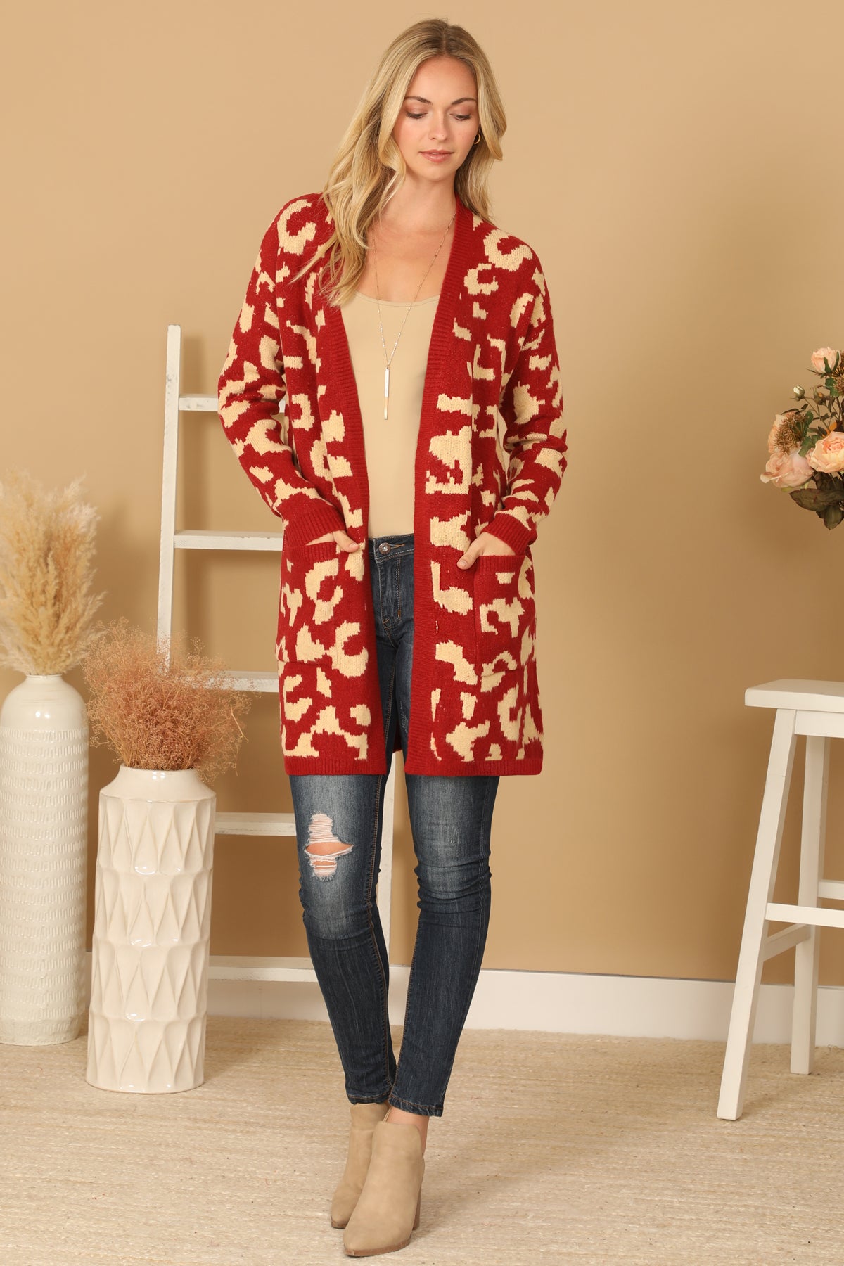 KNITTED FRONT POCKET PRINTED OPEN CARDIGAN 3-3