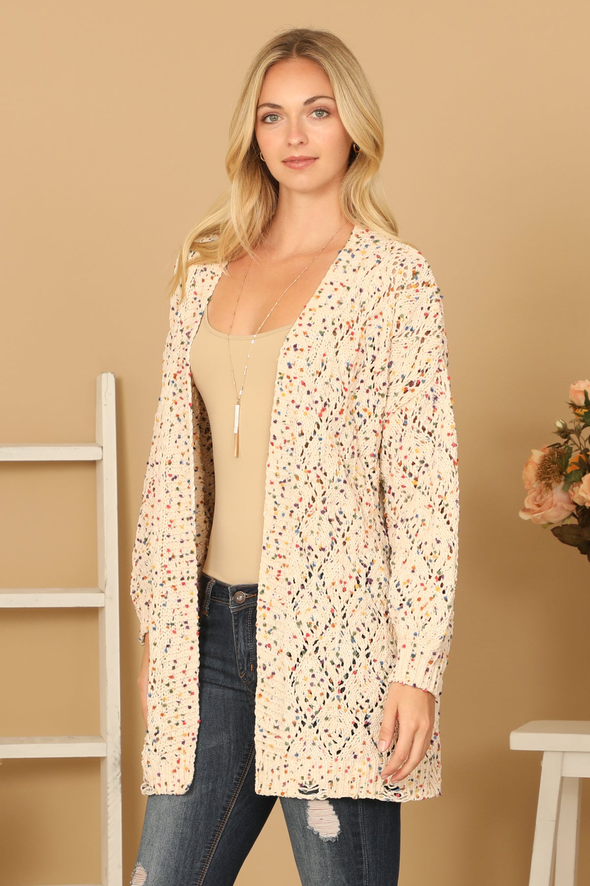 NATURAL MULTI LONG SLEEVE CROCHET CARDIGAN 3-3