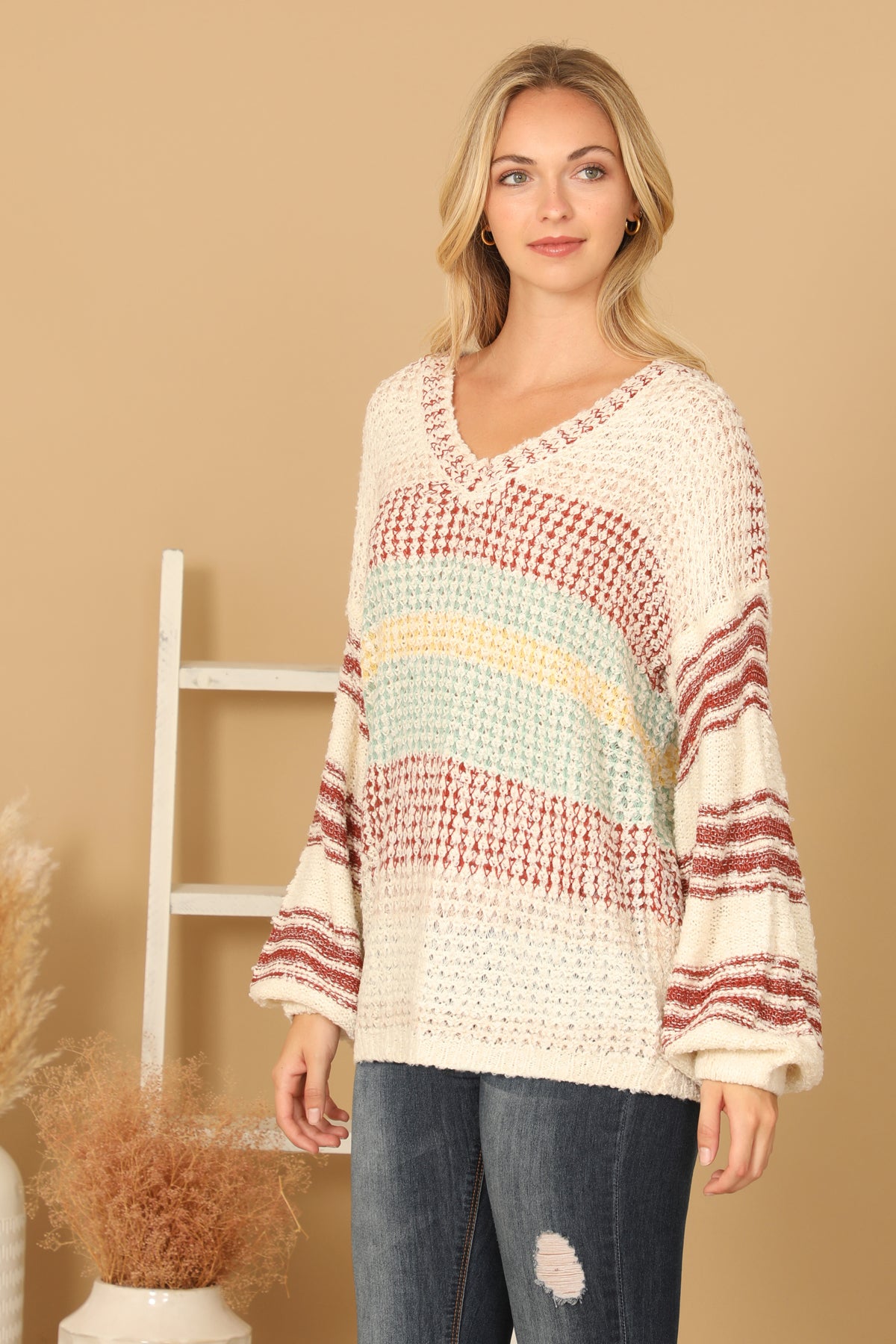 V-NECK STRIPED KNIT SWEATER 3-3