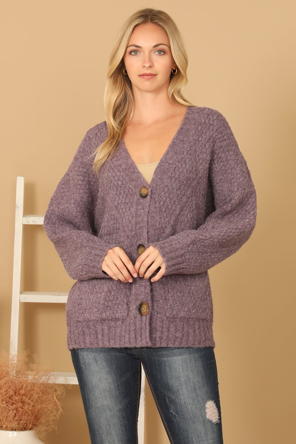 CHUNKY WAFFLE KNIT BUTTON DOWN CARDIGAN 3-3