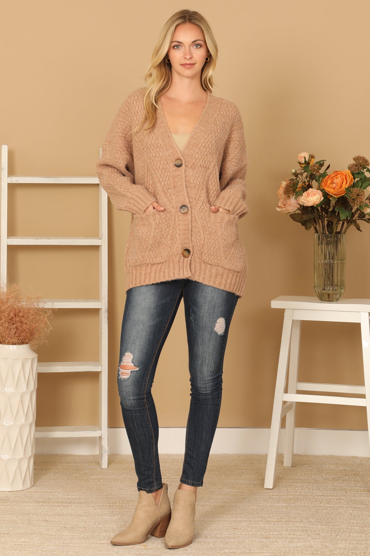 CHUNKY WAFFLE KNIT BUTTON DOWN CARDIGAN 3-3