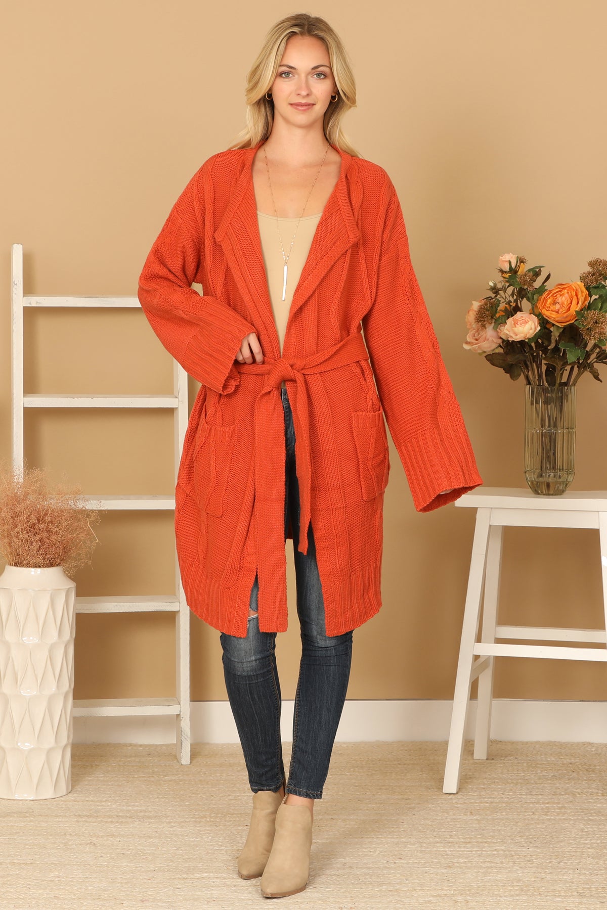 RUST KNITTED LONG SLEEVE WAIST TIE CARDIGAN 3-3