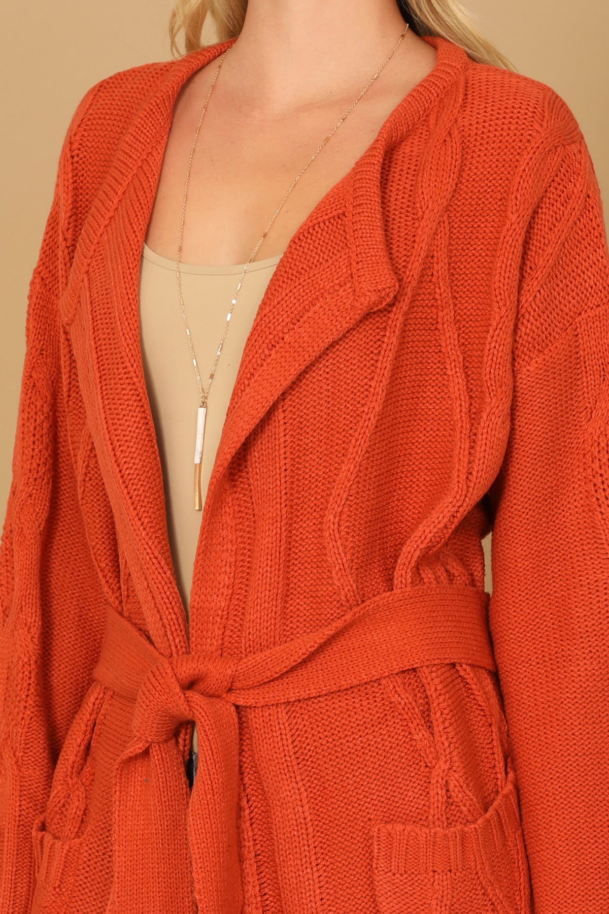 RUST KNITTED LONG SLEEVE WAIST TIE CARDIGAN 3-3