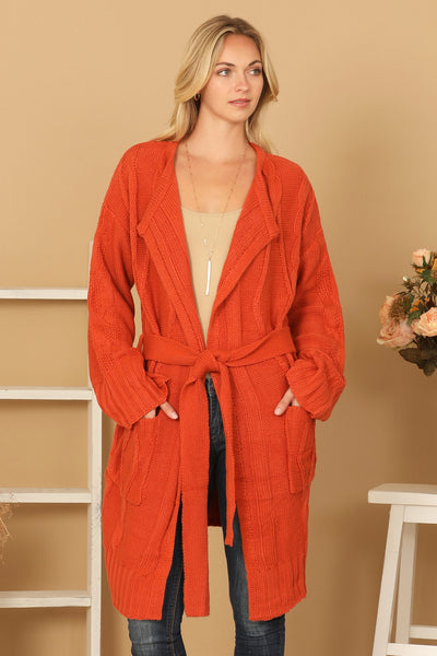 RUST KNITTED LONG SLEEVE WAIST TIE CARDIGAN 3-3