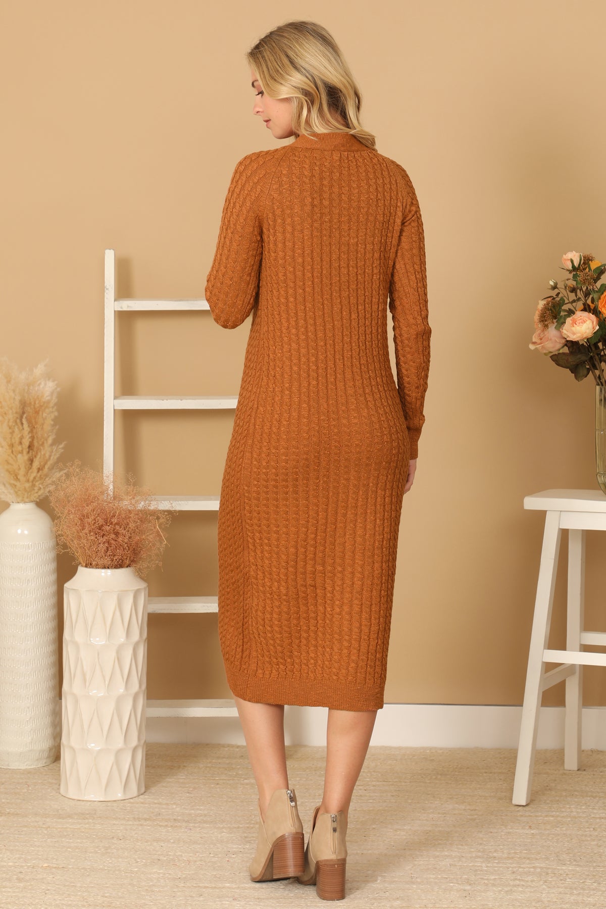 BUTTON DOWN LONG SLEEVE TEXTURED MIDI DRESS 2-2-2