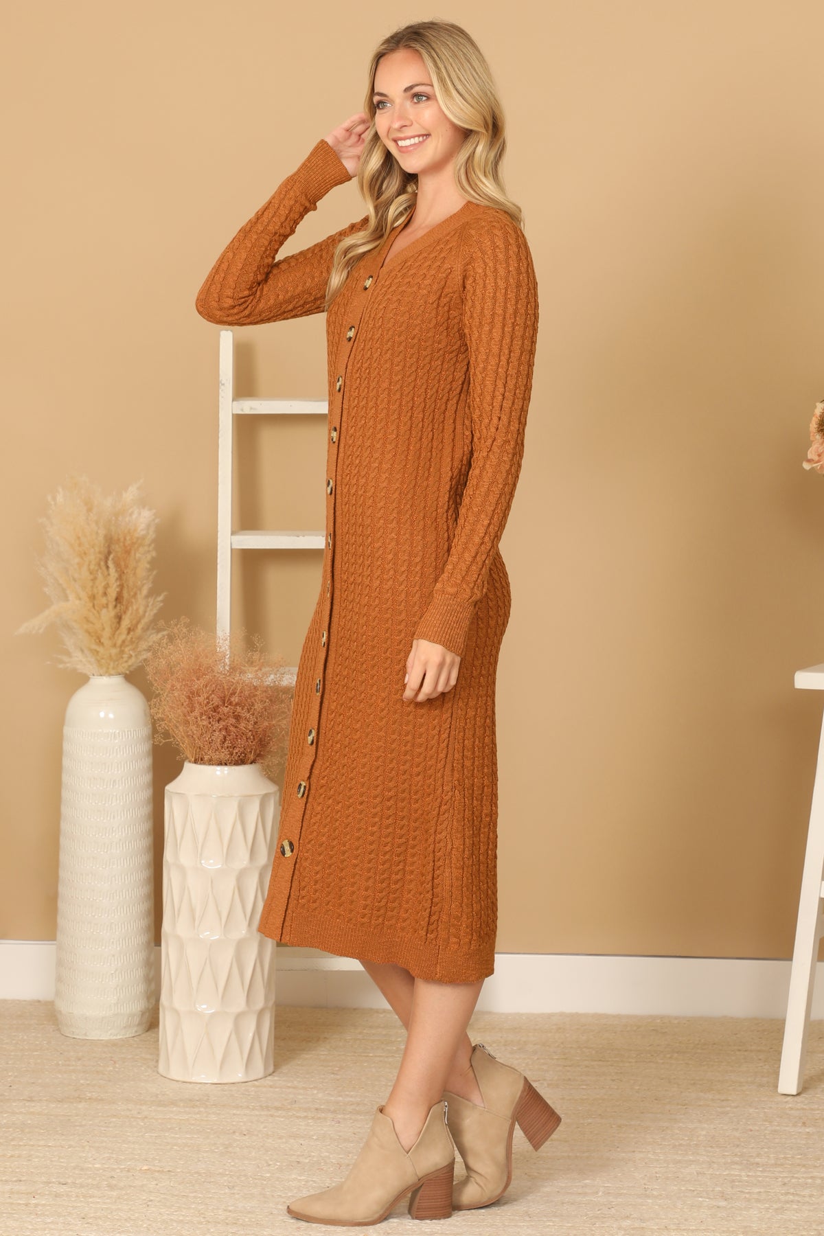 BUTTON DOWN LONG SLEEVE TEXTURED MIDI DRESS 2-2-2