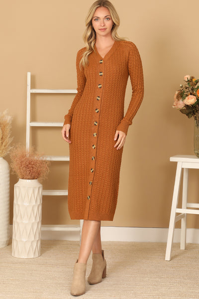 BUTTON DOWN LONG SLEEVE TEXTURED MIDI DRESS 2-2-2