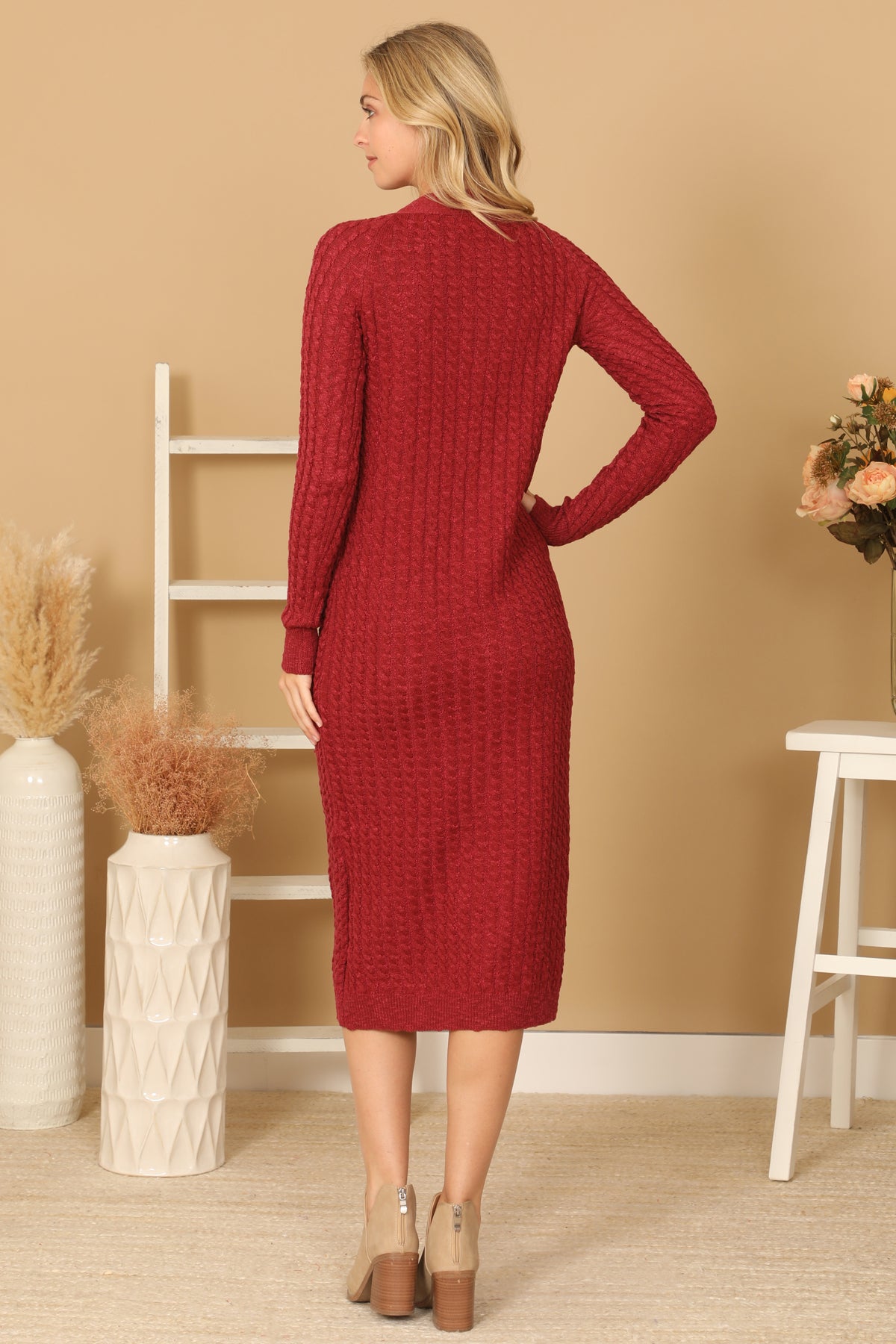 BUTTON DOWN LONG SLEEVE TEXTURED MIDI DRESS 2-2-2