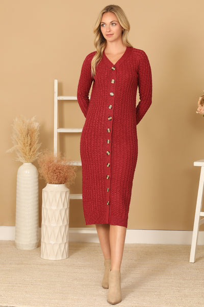 BUTTON DOWN LONG SLEEVE TEXTURED MIDI DRESS 2-2-2