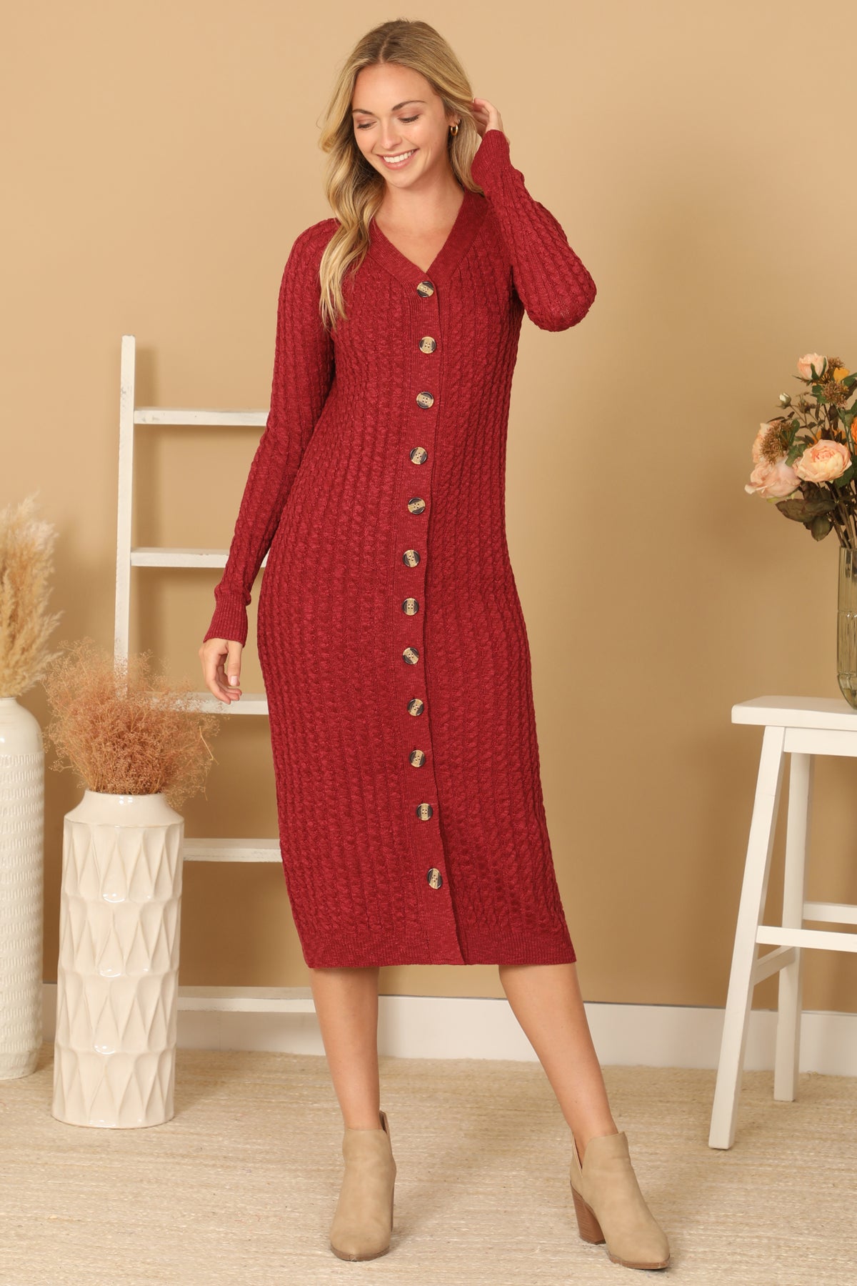 BUTTON DOWN LONG SLEEVE TEXTURED MIDI DRESS 2-2-2