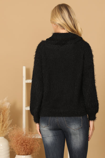 BLACK COWL NECK FLUFFY KNITTED SWEATER 2-2-2