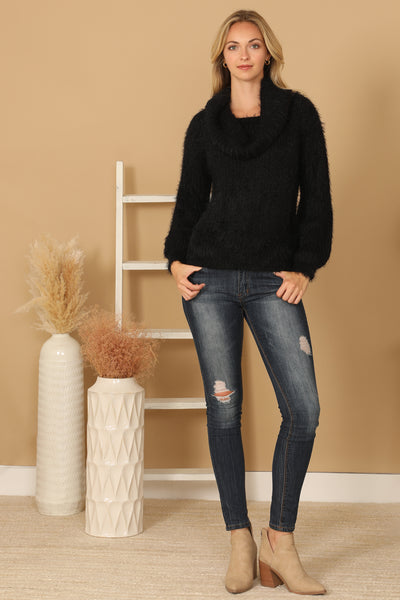 BLACK COWL NECK FLUFFY KNITTED SWEATER 2-2-2