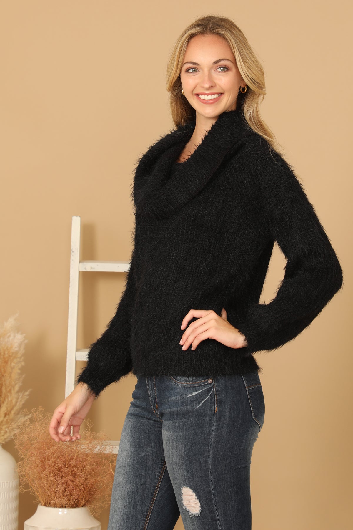 BLACK COWL NECK FLUFFY KNITTED SWEATER 2-2-2