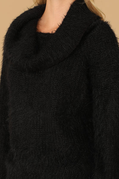 BLACK COWL NECK FLUFFY KNITTED SWEATER 2-2-2