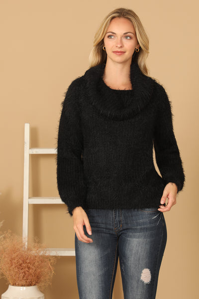 BLACK COWL NECK FLUFFY KNITTED SWEATER 2-2-2