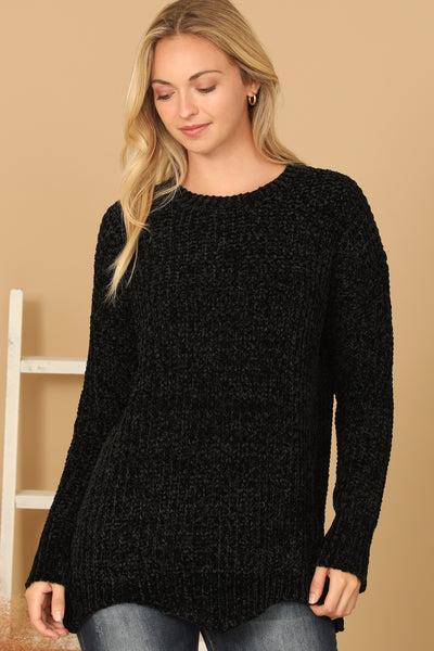 ROUND NECK CURVED HEM KNIT SWEATER 3-3