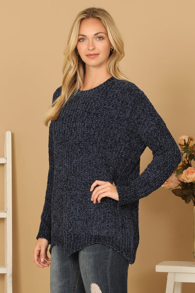 ROUND NECK CURVED HEM KNIT SWEATER 3-3