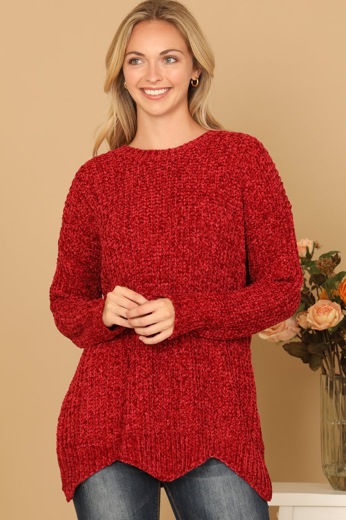 ROUND NECK CURVED HEM KNIT SWEATER 3-3