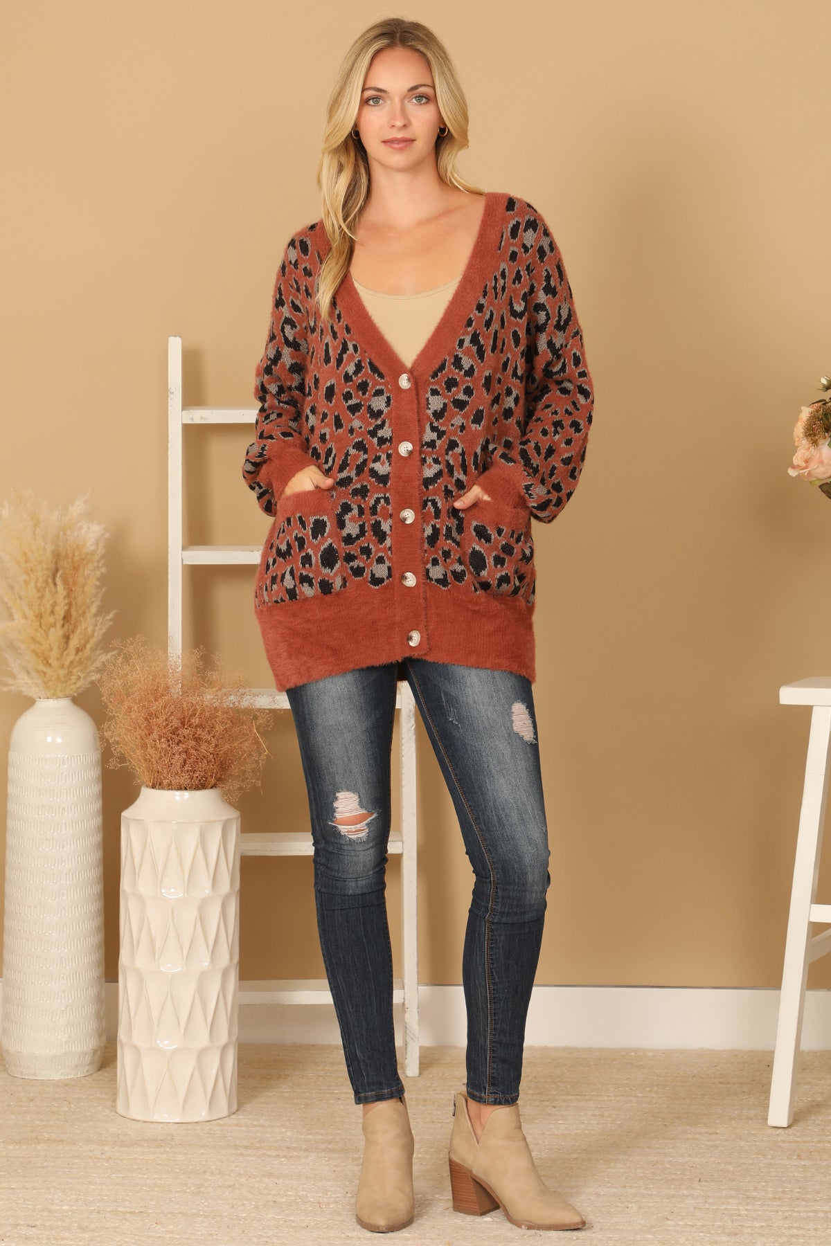 FURRY LEOPARD BUTTON DOWN CARDIGAN 3-3