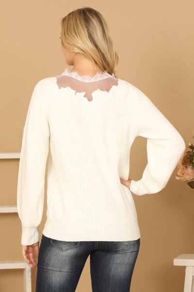 IVORY LACE NECK DETAIL RIB SWEATER 3-3