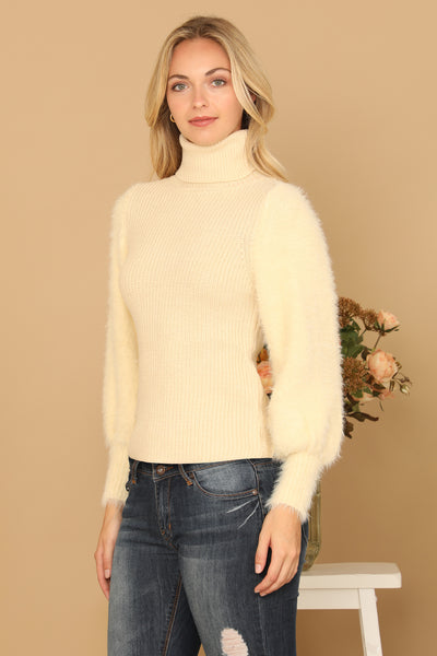 FUR SLEEVES RIBBED TURTLENECK SWEATER 2-2-2