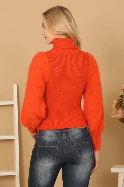 FUR SLEEVES RIBBED TURTLENECK SWEATER 2-2-2