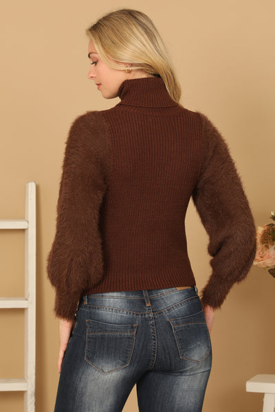 FUR SLEEVES RIBBED TURTLENECK SWEATER 2-2-2