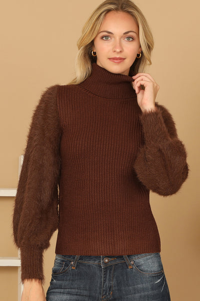 FUR SLEEVES RIBBED TURTLENECK SWEATER 2-2-2