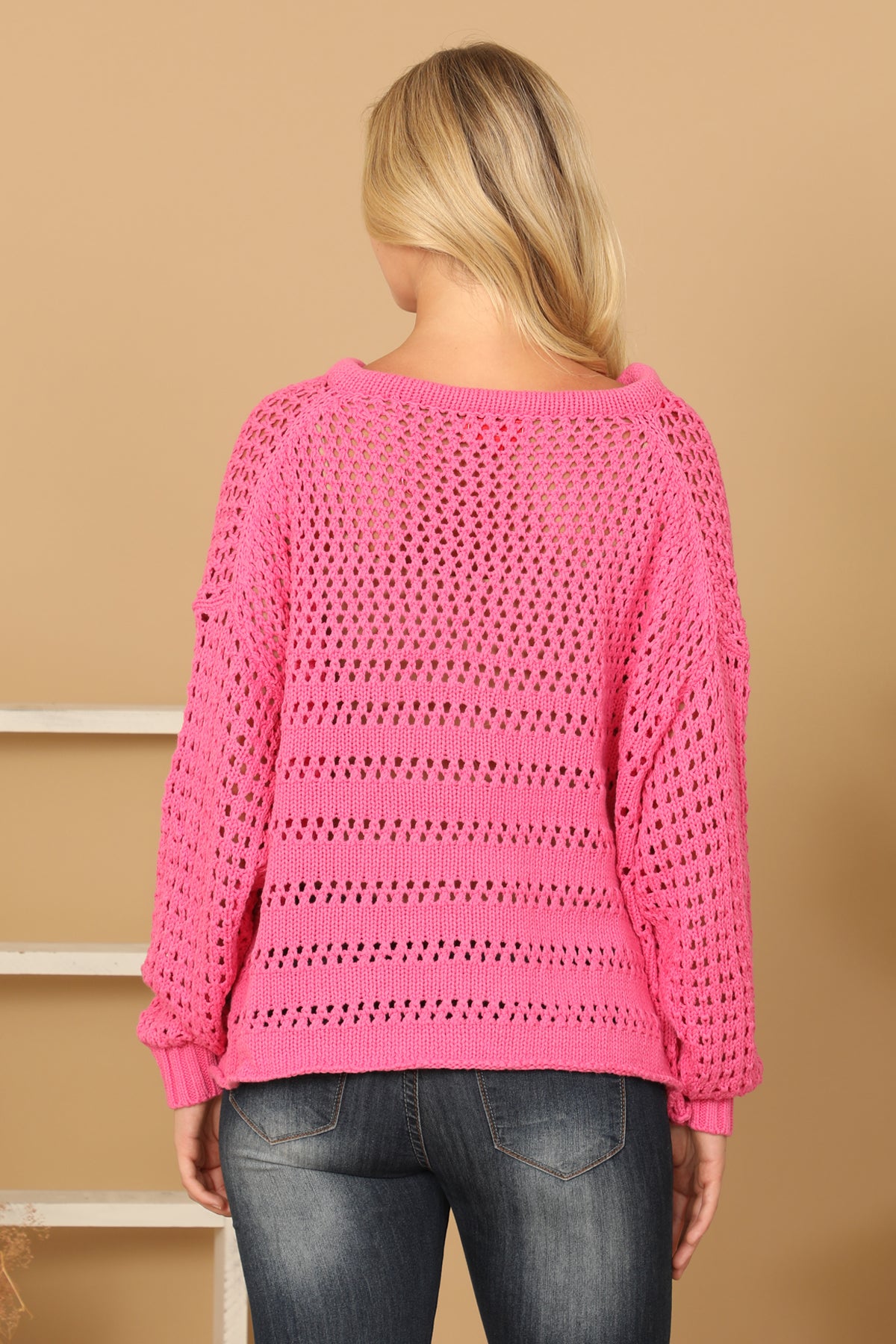 HOT PINK DRAWSTRING EYELET KNIT SWEATER 3-3