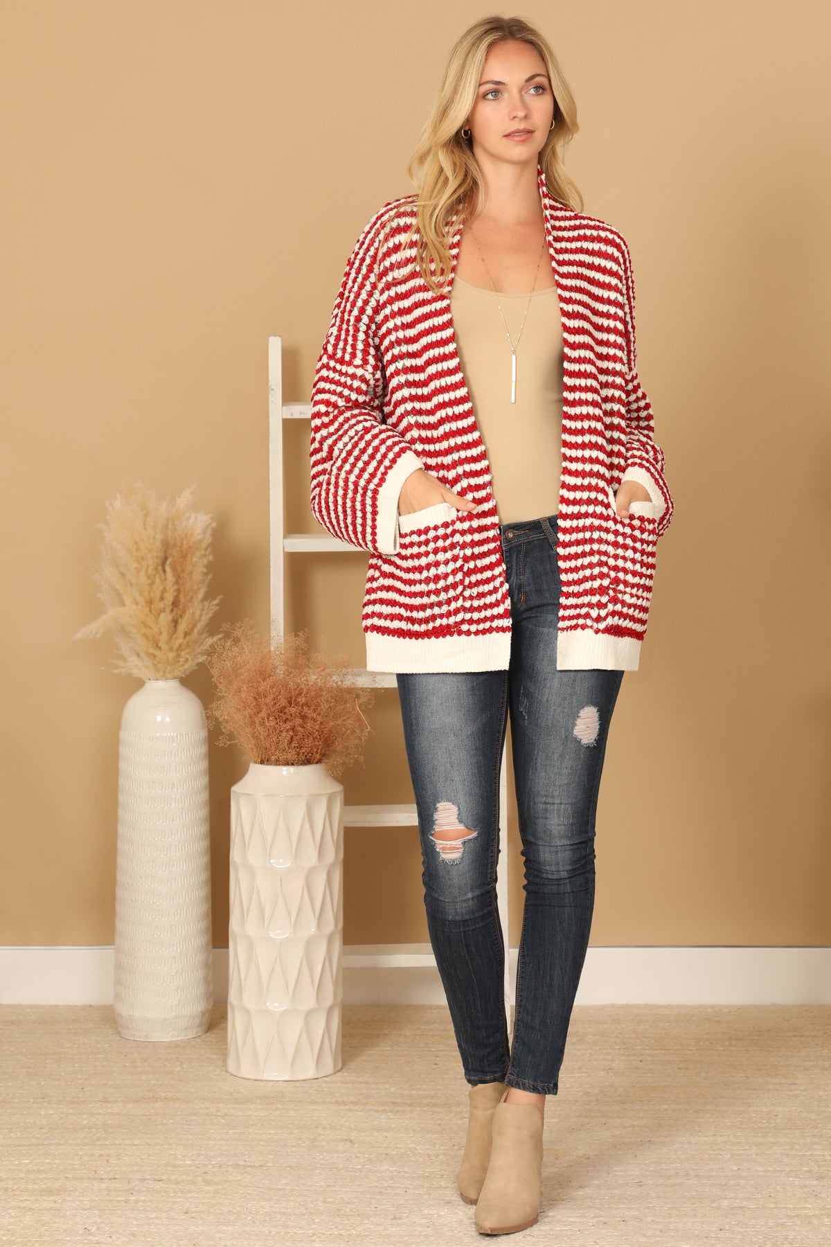 RED IVORY CHUNKY KNIT OPEN CARDIGAN 3-3