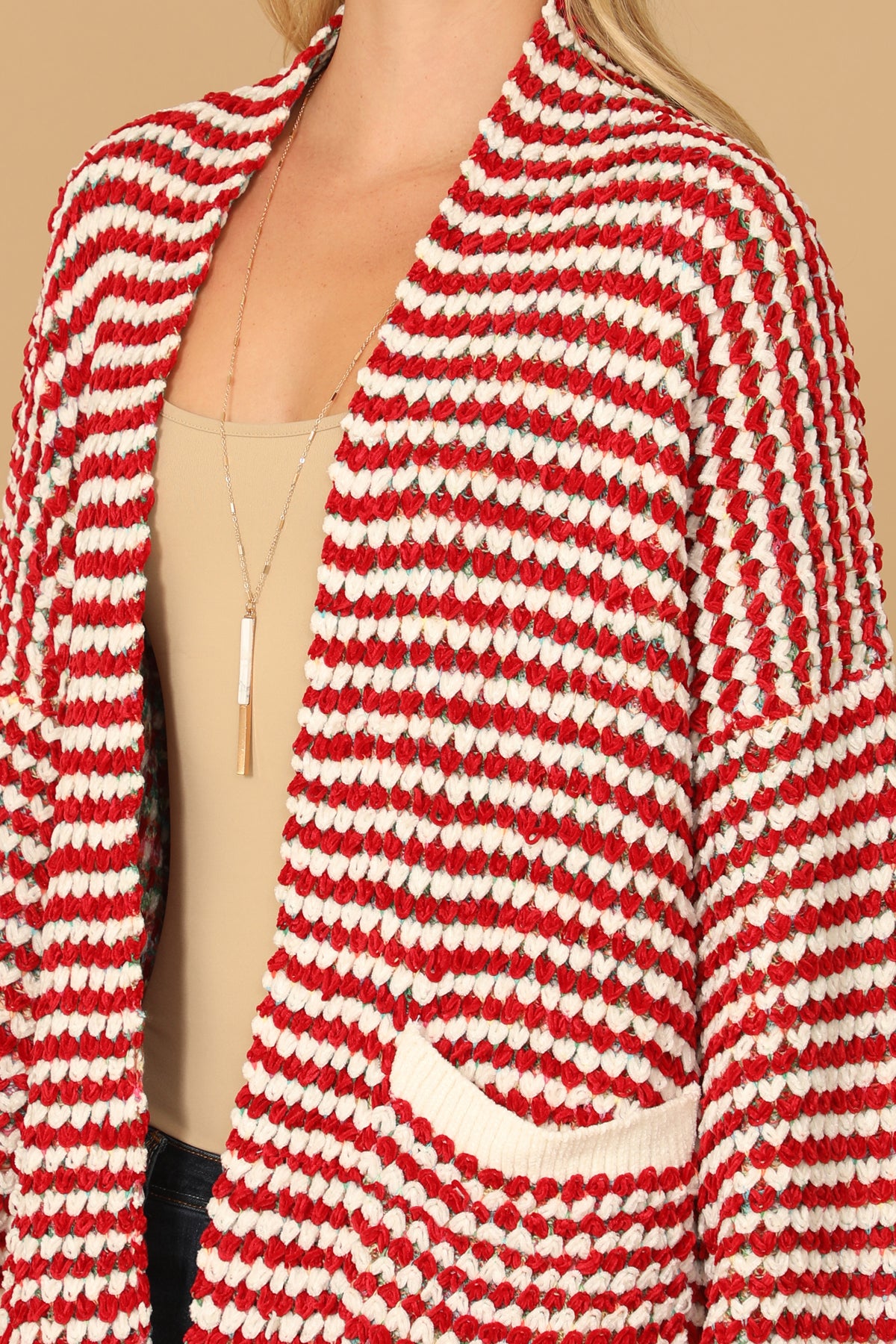 RED IVORY CHUNKY KNIT OPEN CARDIGAN 3-3