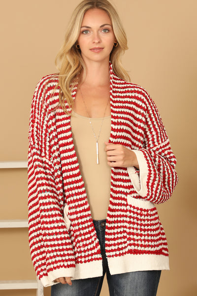 RED IVORY CHUNKY KNIT OPEN CARDIGAN 3-3