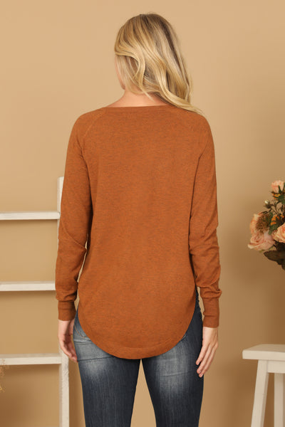 V-NECK LONG SLEEVE CURVE HEM SWEATER 2-2-2