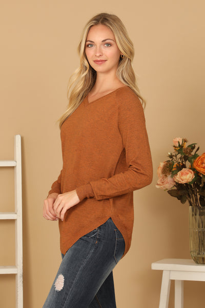 V-NECK LONG SLEEVE CURVE HEM SWEATER 2-2-2