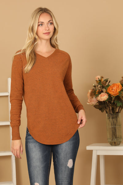 V-NECK LONG SLEEVE CURVE HEM SWEATER 2-2-2