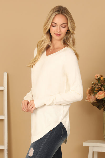 V-NECK LONG SLEEVE CURVE HEM SWEATER 2-2-2