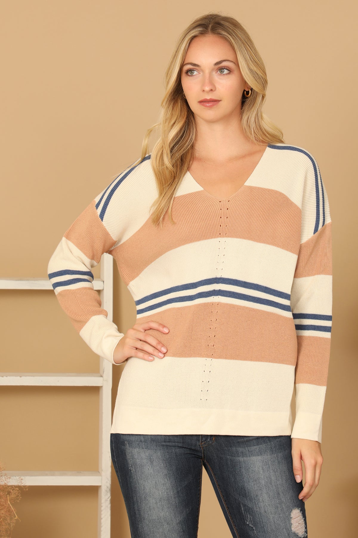 V-NECK STRIPE KNITTED SWEATER 3-3