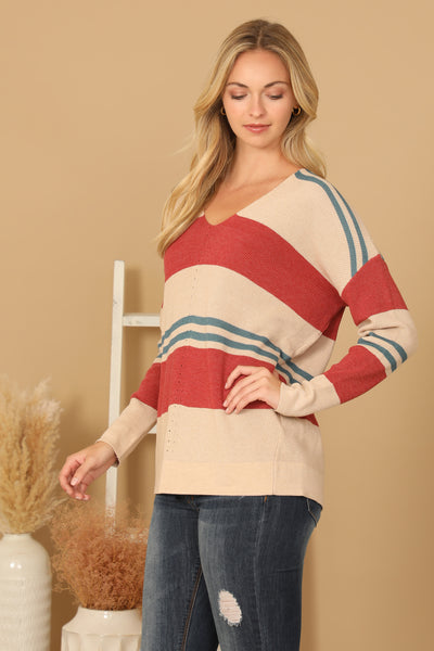 V-NECK STRIPE KNITTED SWEATER 3-3