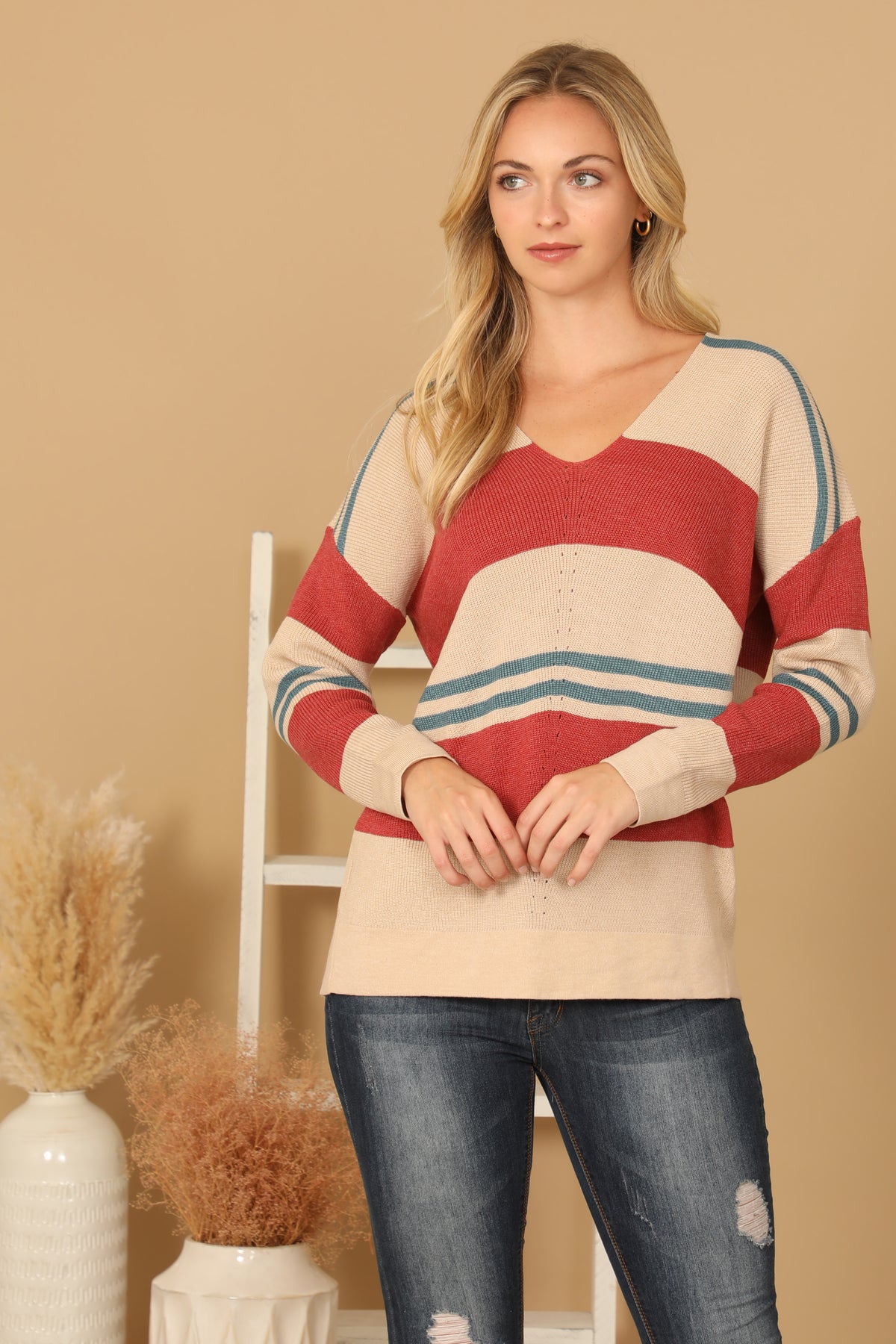 V-NECK STRIPE KNITTED SWEATER 3-3