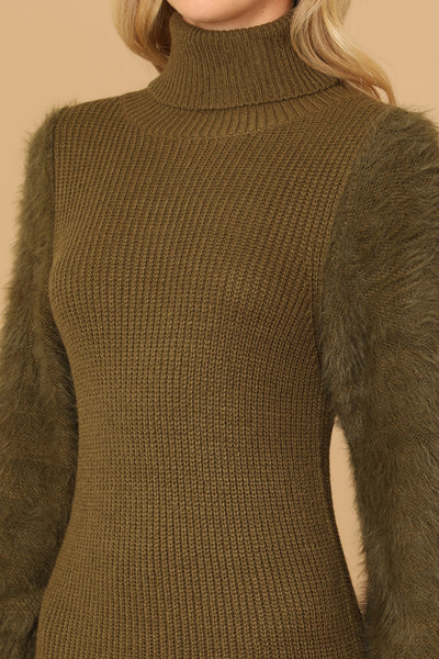 TURTLE NECK FAUX FUR LONG SLEEVE BODYCON DRESS 2-2-2