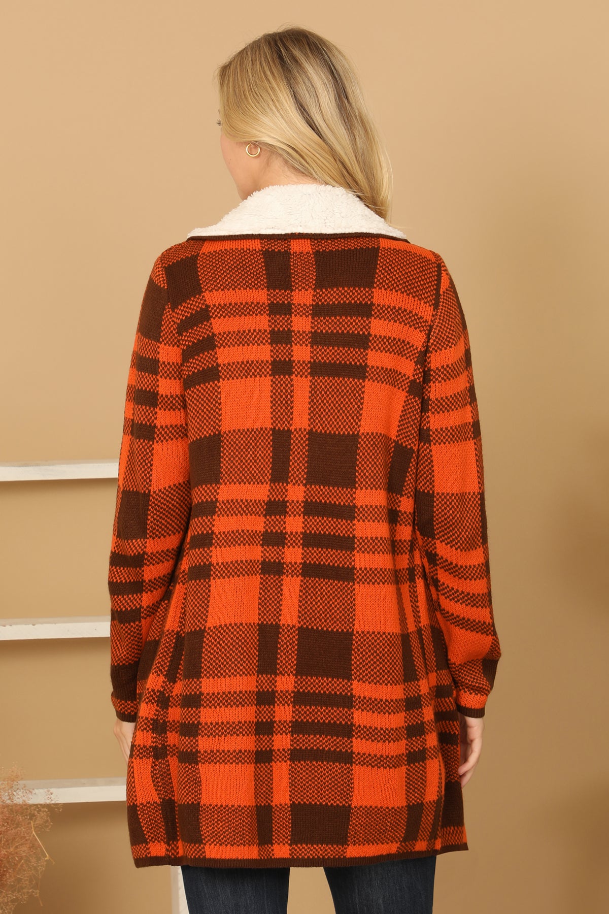 RUST PLAID FUR LINED COAT WIDE COLLARS JACKET 3-3