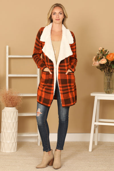 RUST PLAID FUR LINED COAT WIDE COLLARS JACKET 3-3