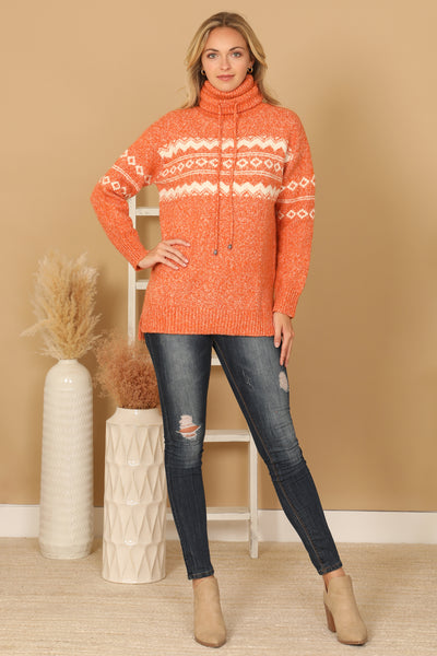 TURTLE NECK DRAWSTRING PRINTED KNIT SWEATER 2-2-2