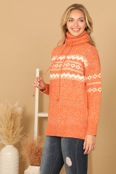 TURTLE NECK DRAWSTRING PRINTED KNIT SWEATER 2-2-2