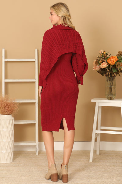 RIBBED SLEEVE SHAWL N SWEATER DRESS SET 2-2-2